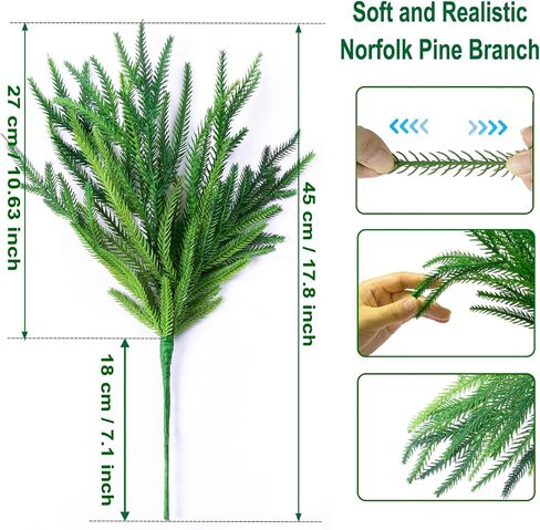 12Pcs Xmas Norfolk Pine Branches, Real Touch Norfolk Pine Branches - 18" Christmas Artificial Pine branches DIY Crafts Faux Christmas Norfolk Pine Branch for Xmas Norfolk Indoor Outdoor Home Decor in Saudi Arabia