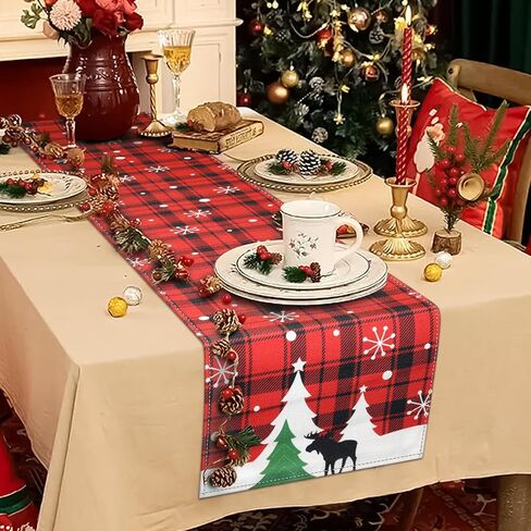 FINPAC Christmas Trees Merry Xmas Table Runner, 72 Inches Plaid Long Seasonal Winter Christmas Xmas Holiday Farmhouse Style Table Decoration Festival Decor Accessory, Christmas Tree in Saudi Arabia