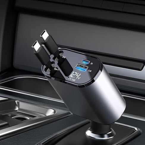 شاحن سيارة قابل للسحب من Kwak، شاحن سيارة 100 واط USB C، محول شاحن سيارة مع كابل قابل للسحب، شاحن سيارة شحن سريع متوافق مع iPhone 15/15 Pro Max/14 Pro (نوع C مزدوج) in Kuwait