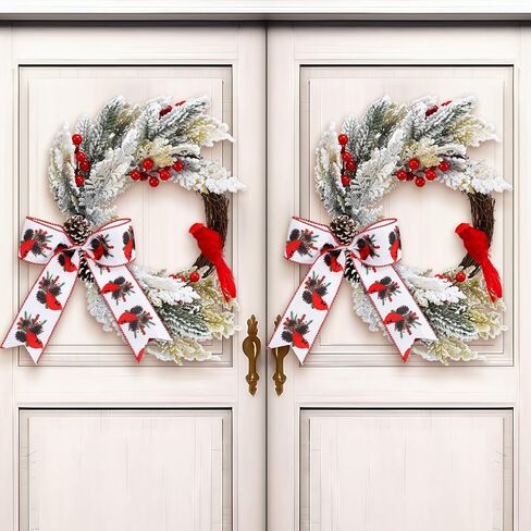 Crowye 2 جهاز كمبيوتر شخصى 16 بوصة إكليل عيد الميلاد للباب الأمامي الأحمر إكليل الطيور الكاردينال مع الصنوبر المخروط القوس Birdhouse عطلة اكليلا من الزهور لقضاء عطلة الشتاء هدية in Kuwait