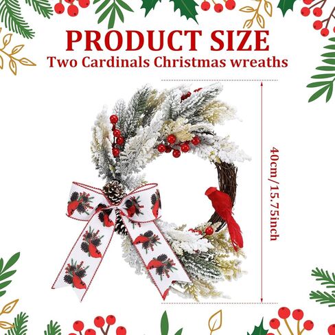 Crowye 2 جهاز كمبيوتر شخصى 16 بوصة إكليل عيد الميلاد للباب الأمامي الأحمر إكليل الطيور الكاردينال مع الصنوبر المخروط القوس Birdhouse عطلة اكليلا من الزهور لقضاء عطلة الشتاء هدية in Kuwait