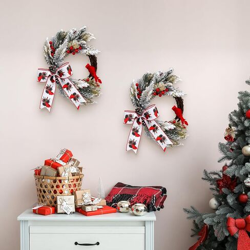 Crowye 2 جهاز كمبيوتر شخصى 16 بوصة إكليل عيد الميلاد للباب الأمامي الأحمر إكليل الطيور الكاردينال مع الصنوبر المخروط القوس Birdhouse عطلة اكليلا من الزهور لقضاء عطلة الشتاء هدية in Kuwait