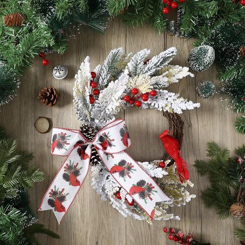 Crowye 2 جهاز كمبيوتر شخصى 16 بوصة إكليل عيد الميلاد للباب الأمامي الأحمر إكليل الطيور الكاردينال مع الصنوبر المخروط القوس Birdhouse عطلة اكليلا من الزهور لقضاء عطلة الشتاء هدية in Kuwait