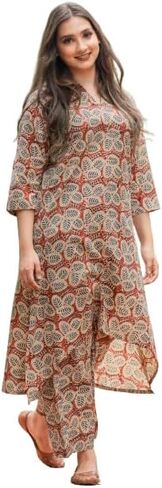 Red Hand Block Bagru Print With Pants C-Cut Co-Ord Set For Women in Saudi Arabia