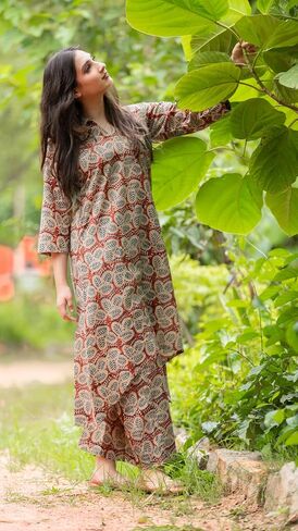Red Hand Block Bagru Print With Pants C-Cut Co-Ord Set For Women in Saudi Arabia