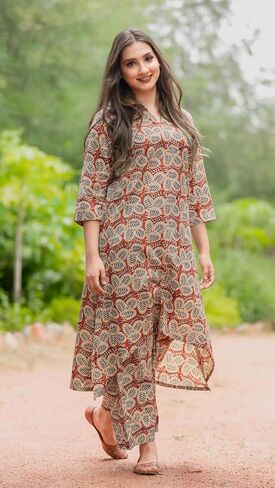 Red Hand Block Bagru Print With Pants C-Cut Co-Ord Set For Women in Saudi Arabia