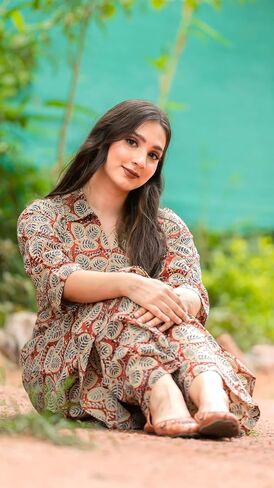 Red Hand Block Bagru Print With Pants C-Cut Co-Ord Set For Women in Saudi Arabia