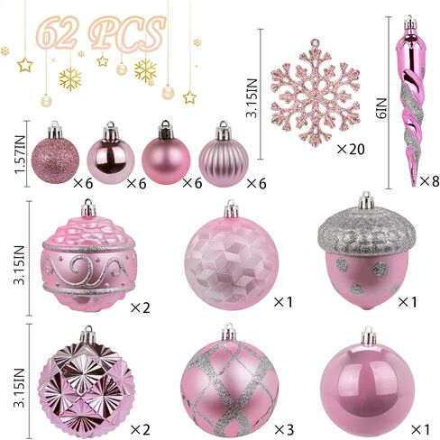 62pcs Pink Christmas Balls Ornaments Set - 3.15" Big Christmas Balls - Shatterproof Plastic Decorative Baubles for Xmas Tree Decor Holiday, Wedding, Party Decoration (Pink) in Saudi Arabia