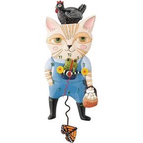 Enesco Allen Designs Country Cat Holding Fresh Eggs Sculpted Pendulum Wall Clock, 12.4 Inch, Multicolor