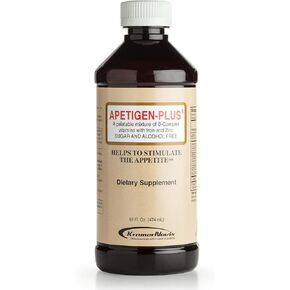 Apetigen-Plus® B-1, B-2, B-3, B-5, B-6, B-12, Zinc, Iron, and L-Lysine Liquid Supplement, B-Vitamins, Sugar-Free, No Fish Oil, Orange-Flavored, 16oz Bottle