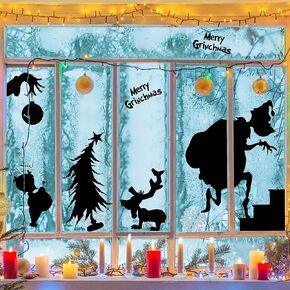 8Pcs Christmas Window Clings Stickers with Christmas Green Monster Cartoon Window Clings Decals, Christmas Party Removable Stickers for Glass Windows Birthday Party Favor Holiday Home Decor