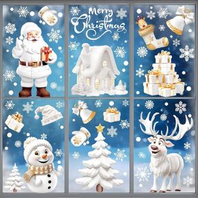 190 Pcs Christmas Santa Window Clings,9 Sheets Blue Christmas Window Stickers Decorations,Xmas Elk Snowman Window Stickers Santa Christmas Window Decals for Home Deer Santa Claus and Snowflakes