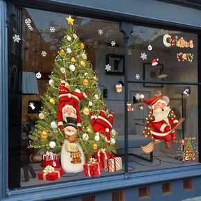 Christmas Window Clings, 2 Sheets Xmas Window Stickers Large Christmas Trees with Magic Santa Claus, Snowflake, Snowman, Gift Box for Indoor Wall Cute Decorations Window Display Showcase Door