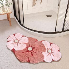 Cute Curved Bathroom Rug Mat, Pink Microfiber Fun Flower Shape Corner Rug Half Round Bath Mat for Bathroom Non Slip Soft Kids Shower Rug Water Absorbent Floor Camber Door Mat for Indoor Bathtub Décor
