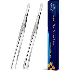 JETKONG 2 Pcs 12-Inch Kitchen Tweezers Tongs with Precision Serrated Tips, Stainless Steel Chef Tweezer Professional Cooking Tweezers for BBQ, Plating and Serving (12-Inch, Black)