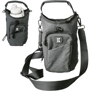 Zero Grid Insulated Water Bottle Carrier with RFID-Blocking Pocket for Personal Data, Electronics, and Phone - Fits 32 oz/1 L Bottles - Crossbody Bag with Adjustable Sling for Hiking and Travel - Grey