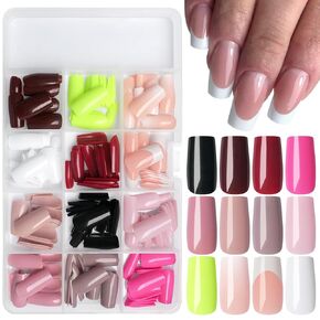 LuckForever 288pc French Tips Square Press on Nails Long Fake Nails Tips Full Cover Square Glue on Nail Medium Acrylic Nails Press ons Nail Square False Nail Artificial Fingernail with Adhesive Tabs