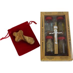 Holy Land Market Olive Wood Keepsake with Crucifix and a Small Olive Wood Comfort Cross