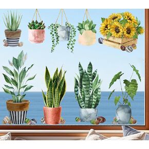 Hanging Potted Plant Window Clings Botanical Sunflower Window Decals Anti-Collision Window Stickers Cactus Double-Sided Window Stickers for Glass Window Doors