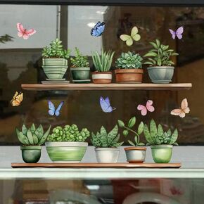 Potted Plant Window Clings Botanical Butterfly Succulent Cactus Window Decals Anti-Collision Window Clings Green Plant Double-Sided Window Stickers for Home Glass Window