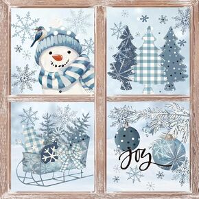 96Pcs Christmas Window Clings Winter Blue Snowman Snowflake Window Decals Reusable PVC Window Decor for Home Party Glass Mirror