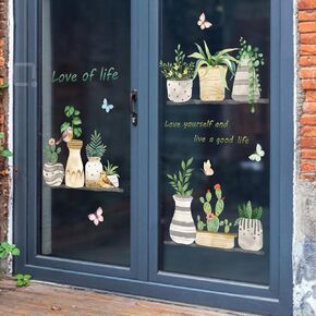 Potted Plant Window Clings Cactus Butterfly Botanical Window Decals Anti-Collision Window Clings Inspirational Double-Sided Window Stickers for Home Glass Window