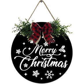 Merry Christmas Wood Sign - Black Hanging Sign Front Door Christmas Decoration Wreath Hanging Sign - For Farmhouse Porch Christmas Decoration, Outdoor Christmas Decor 12 inches