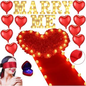 Proposal Decorations Kit Marry Me Light up Letters 6000 Rose Petals 72 Heart Shaped Romantic Candles 10 Balloons Carpet Red Ribbon 1 Ring Box Eye Mask for Engagement Wedding Romantic Night