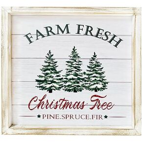 Farm Fresh Christmas Trees Wood Sign Rustic Farmhouse Wall Art Plaque for The Home Sign with Solid Distressed Wood Frame for Kitchen, Office, Living Room, Home- 12 x 12 Inches