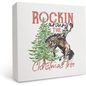 OFlich Western Santa Wooden Sign - Western Cowboy Hat Christmas Santa Wooden Box Signs For Home Decor, Western Christmas Santa Desk Signs, Western Christmas Decor, Giddy Up Jingle Horse