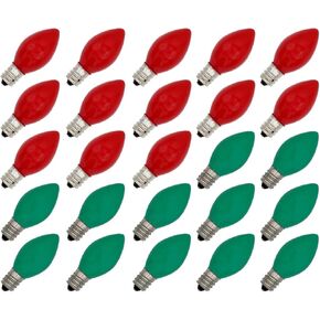 Creative Hobbies Box of 25 Light Bulbs | Ceramic Opaque Red & Green | Steady Burning, 7 Watt, C7 Candelabra Base | Night Lights, Decorative Lights, Christmas Strings