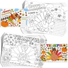 Dazonge Thanksgiving Table Decor - 12PCS Thanksgiving Coloring Placemats for Kids - Thanksgiving Activity Turkey Placemats Party Favors - Fall Kids Dinner Table Mats