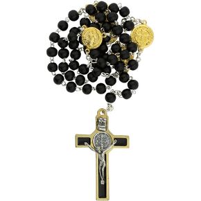 Wooden and Metal Saint Benedict Rosary | Black Beads and Gold-Tone St. Ben Medals and Crucifix | Patron Saint of Students | Great Catholic Gift for First Communion and Confirmation | Made in Italy