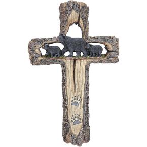 Needzo Rustic Wall Cross with Bear and Tree Design, Religious Hanging Decor for Home, 13.5 by 8.5 Inches