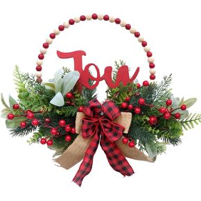 Tempus 16" Christmas Wreaths for Front Door Wooden Beads Welcome Decoration Wreath with Pine Needles Berries Bow Farmhouse Welcome Sign for Home,Farmhouse, Holiday Party, Interior Decoration