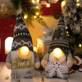 Set of 2 Light Up Christmas Gnomes, 9" Lighted Nose & Merry Christmas Gnomes Figurines Elf Plush Xmas Decorations - White Winter Holiday Gnomes for Indoor Rustic, Farmhouse Christmas Decor