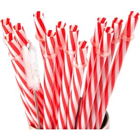 Christmas Reusable Plastic Straws Red and White Striped Straws with Cleaner Brush Xmas Drinking Straws with Rings for Christmas Wedding Party Supplies (12 Pieces 10.5 inch/IN)