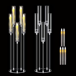 2 Sets Acrylic Candelabra Centerpieces for Wedding with LED Candles,33.9 Inches Clear Candelabra for Tables 5 Arm Candlestick Holder with Acrylic Shade for Dinner Party Fireplace Decoration