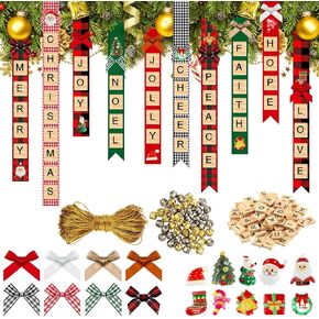 321 Pieces Christmas Tree Ornaments Personalized Crafts Christmas Wooden Capital Letter Tiles Xmas Tree Ornaments Rustic Stockings Name Tags Hanging Bells Ribbon Bowknots Xmas for Kids Adult