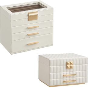 SONGMICS 4-Layer Jewelry Box with Glass Lid and 3-Tier Jewelry Organizer Bundle, with Drawers and Mirror, Floating Effect, Modern Style, Cloud White UJBC161W01 and UJBC183W01