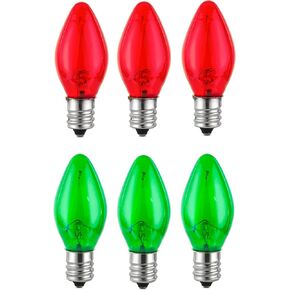6 Pack Replacement C7 LED Christmas Light Bulbs Shatterproof C7 Led Light Bulbs 2W Mini Bulb Candelabra E12 Base Decor Red Light Bulbs Green Light Bulb, String Lights, Window Candle Indoor Outdoor