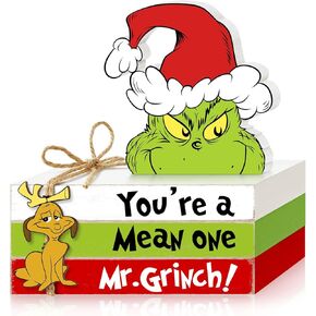 Christmas Wooden Table Signs, Christmas Tiered Tray Decor Faux Books Stack Decorative Tabletop Sign, Green Red White Farmhouse Holiday Decor for Home Mantle Shelf Home Decorations You're a Mean One