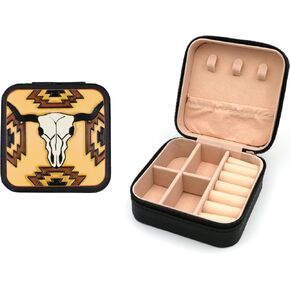 Western Theme Travel Jewelry Organizer - Portable Leather Jewelry Case for Women - Compact Storage Box for Earrings, Necklaces, Rings, and Bracelets (Highland Cattle)
