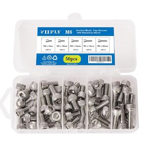 M6 x 40mm, 45mm, 50mm, 55mm, 60mm, Socket Head Cap Screws Bolts Assortment Kit,304 Stainless Steel(A2-70), Bright Finish, Fully Threaded, Quantity 50
