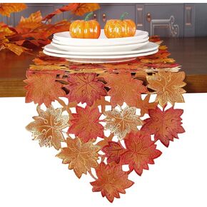 GRANDDECO Fall Thanksgiving Table Runner 13X36 with Cutwork Embroidered Maple Leaves, Autumn Harvest Table Decorations for Thanksgiving Party Holiday Dinner and Daily Use-Coffee