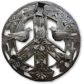 Peace Sign Wall Hanging Plaque, Living and Organic Flowers and Birds, Haitian Metal Art 11 Inches Round