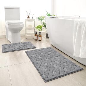 HOMEIDEAS Bathroom Rugs Sets 2 Piece, Extra Soft Shaggy Absorbent Non Slip Machine Washable Grid Bath Mat for Floor, Tub and Shower (Grey)