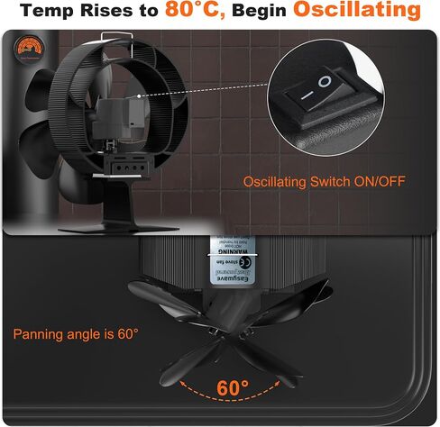 Easywave Oscillating Wood Stove Fan: Fireplace Fan with Wood Stove Magnetic Thermometer - 6 Blades Heat Powered Stove Fan for Wood/Log Burner/Fireplaces in Saudi Arabia