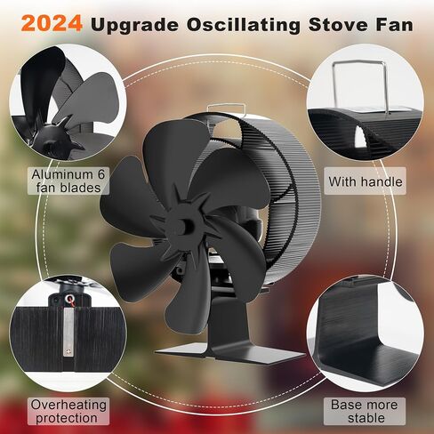 Easywave Oscillating Wood Stove Fan: Fireplace Fan with Wood Stove Magnetic Thermometer - 6 Blades Heat Powered Stove Fan for Wood/Log Burner/Fireplaces in Saudi Arabia