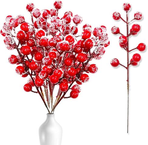 Suartus Snow Frosted Artificial Red Berry Stems, 30Pcs Snow Christmas Red Holly Berry Branches,8.9in Fake Christmas Frost Red Berries Spray Branches for Christmas Tree Winter Holiday Decor in Saudi Arabia